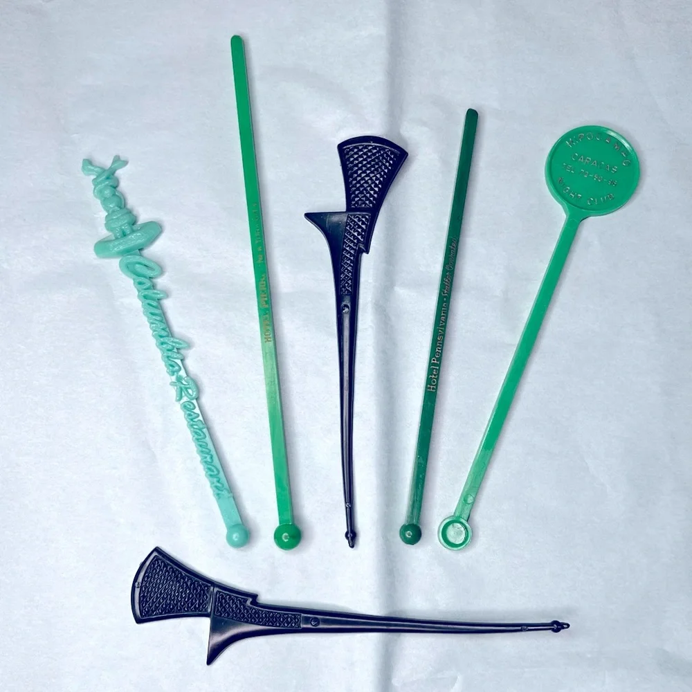 Vintage MCM Set of 6 Green Swizzle Sticks, Midcentury, Hipocampo Nightclub, bar